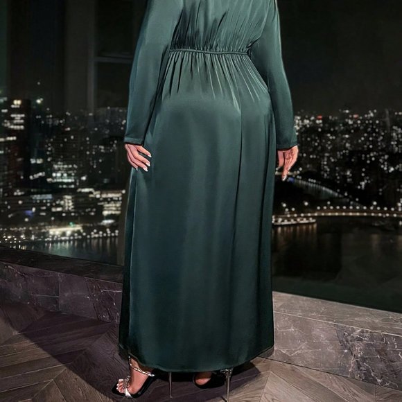 Green Preppy Womens Solid Color Waist Twisted Front Slit Maxi Dress - Picture 3 of 5